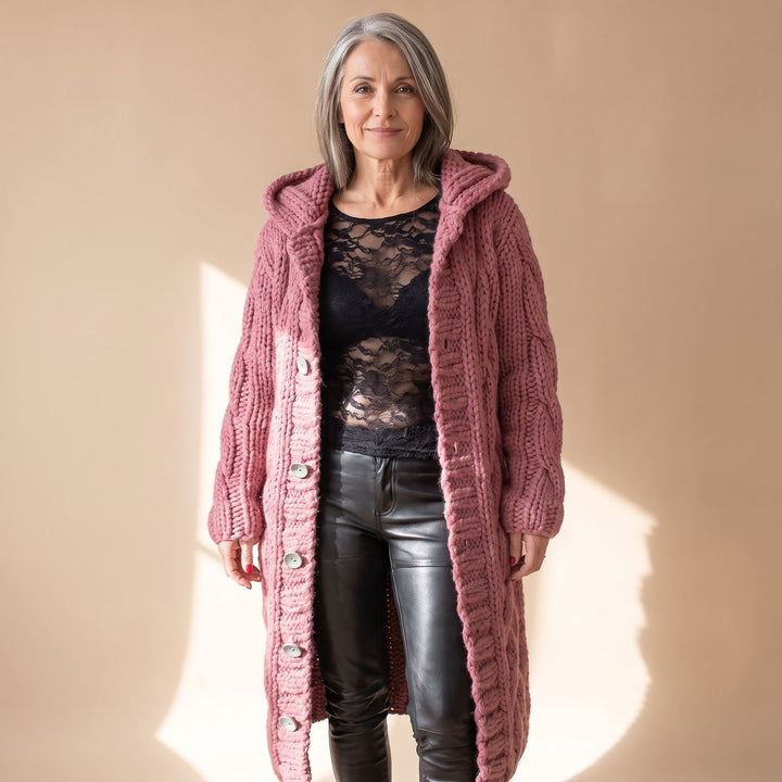 Women's Hooded Cable Knit Longline Button-Front Cardigan Coat - Pink