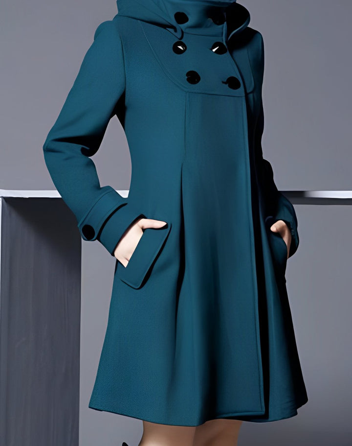 Women's Hooded Double-Breasted Button-Down Flared Coat - Dark Green