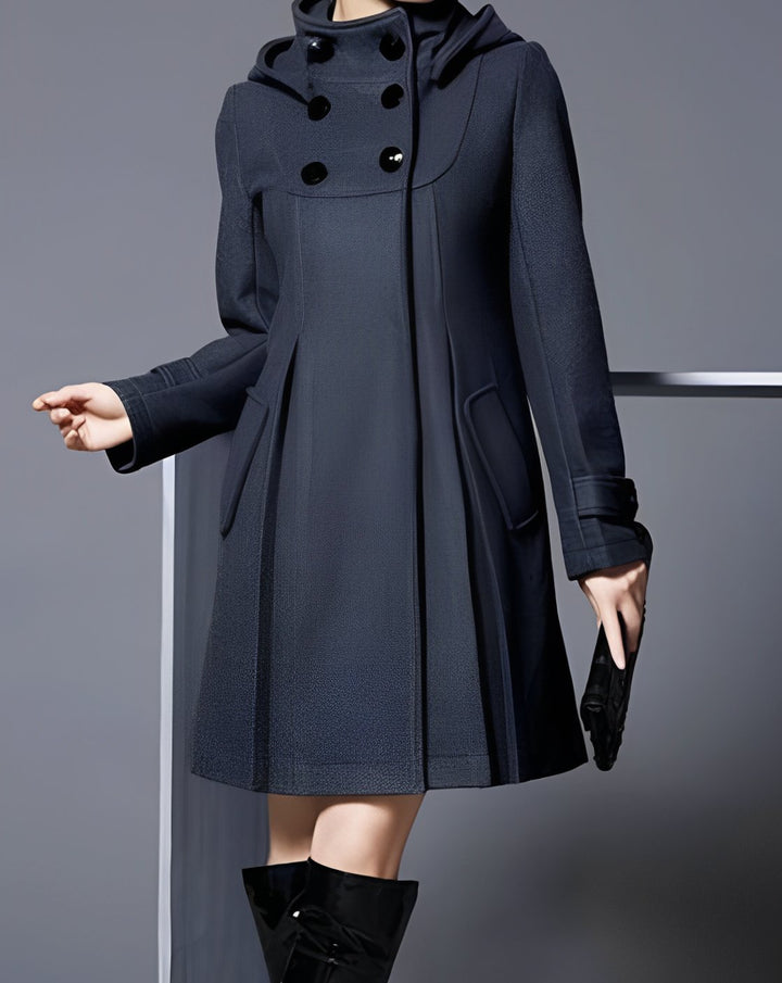 Women's Hooded Double-Breasted Button-Down Flared Coat - Dark Grey