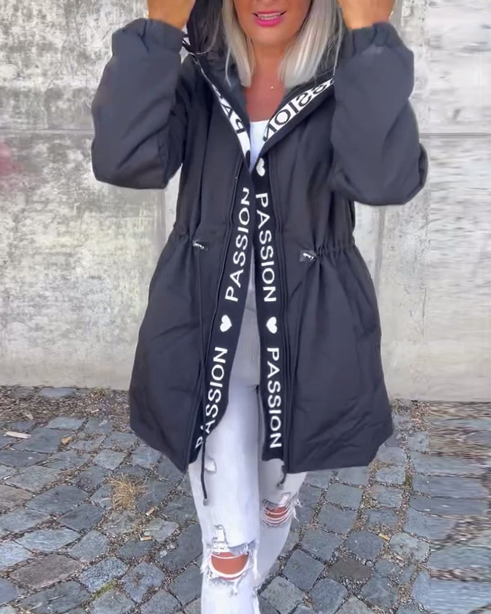 Women's Hooded Drawstring Midi Parka Coat Relaxed Fit - Black