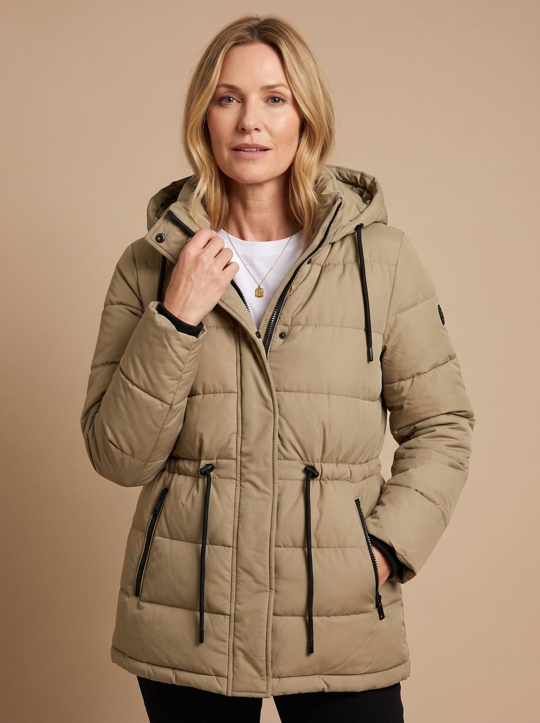 Women's Hooded Drawstring-Waist Quilted Puffer Jacket - Beige