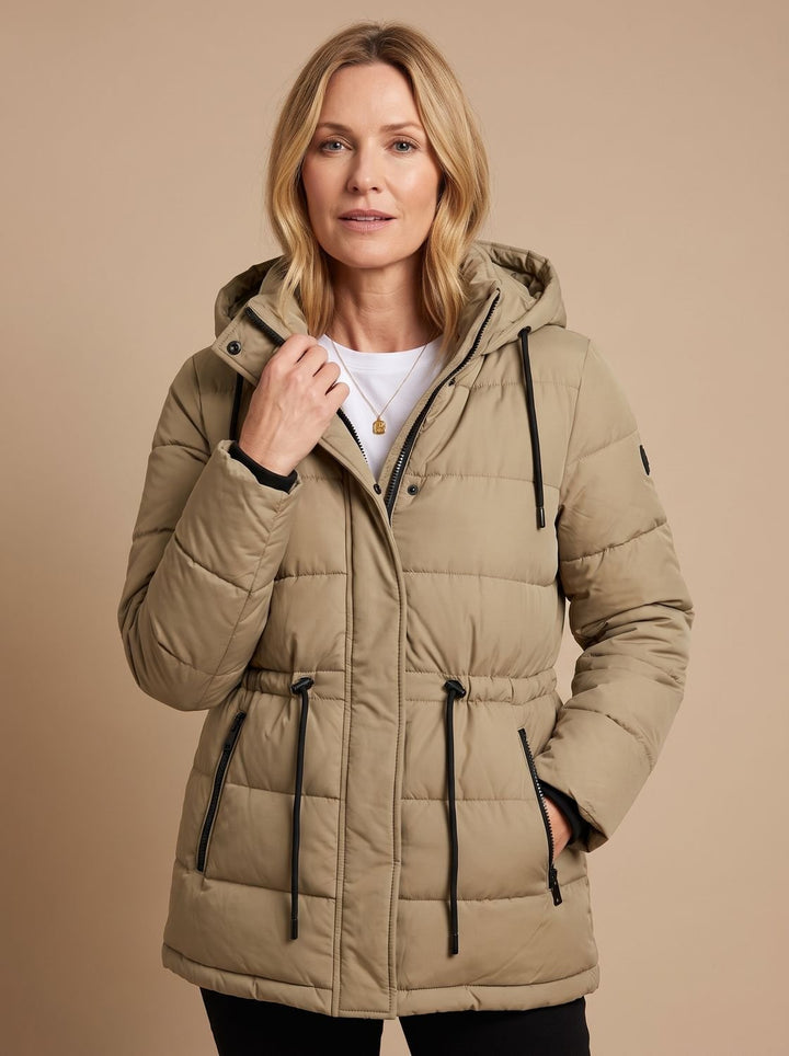 Women's Hooded Drawstring-Waist Quilted Puffer Jacket - Beige