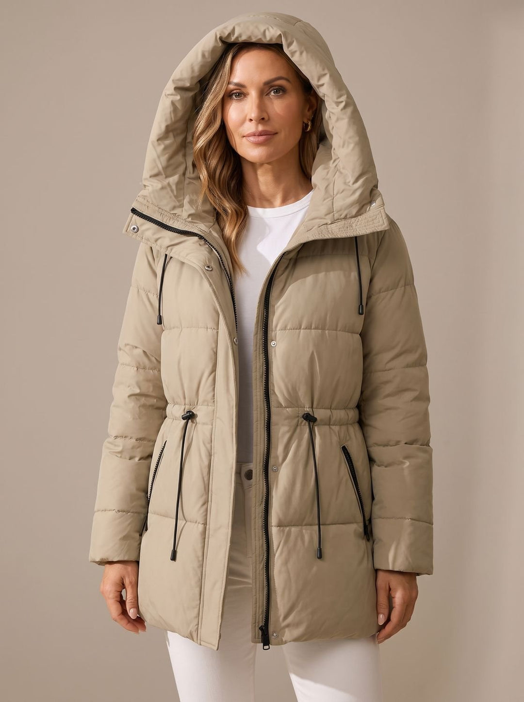 Women's Hooded Drawstring-Waist Quilted Puffer Jacket