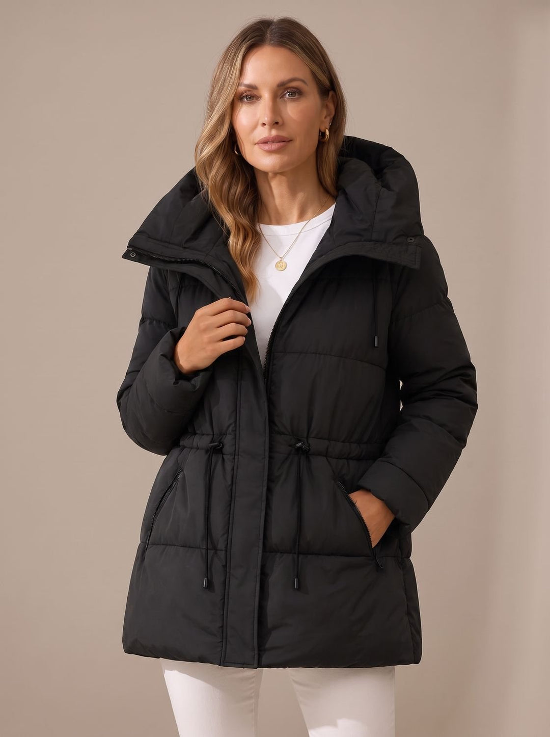 Women's Hooded Drawstring-Waist Quilted Puffer Jacket - Black