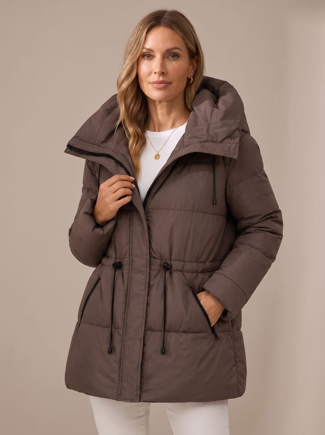 Women's Hooded Drawstring-Waist Quilted Puffer Jacket - Brown