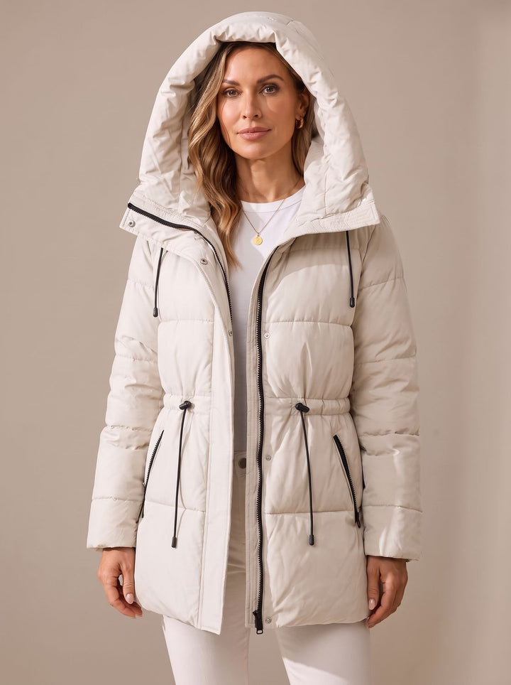 Women's Hooded Drawstring-Waist Quilted Puffer Jacket - White