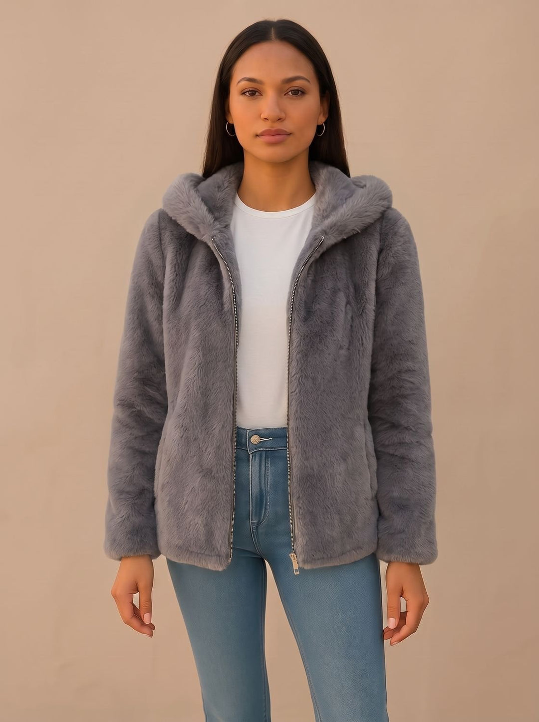 Women's Hooded Faux Fur Coat Zip-Up Fluffy Teddy Jacket - Gray