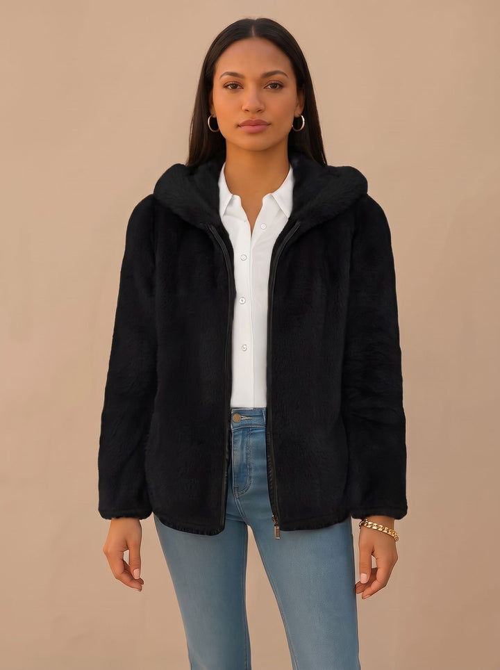 Women's Hooded Faux Fur Coat Zip-Up Fluffy Teddy Jacket - Black