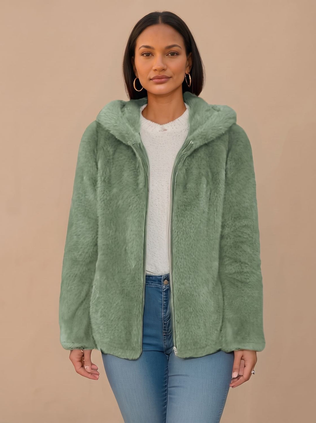 Women's Hooded Faux Fur Coat Zip-Up Fluffy Teddy Jacket - Green