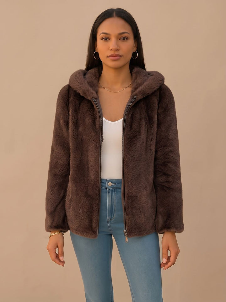 Women's Hooded Faux Fur Coat Zip-Up Fluffy Teddy Jacket - Brown