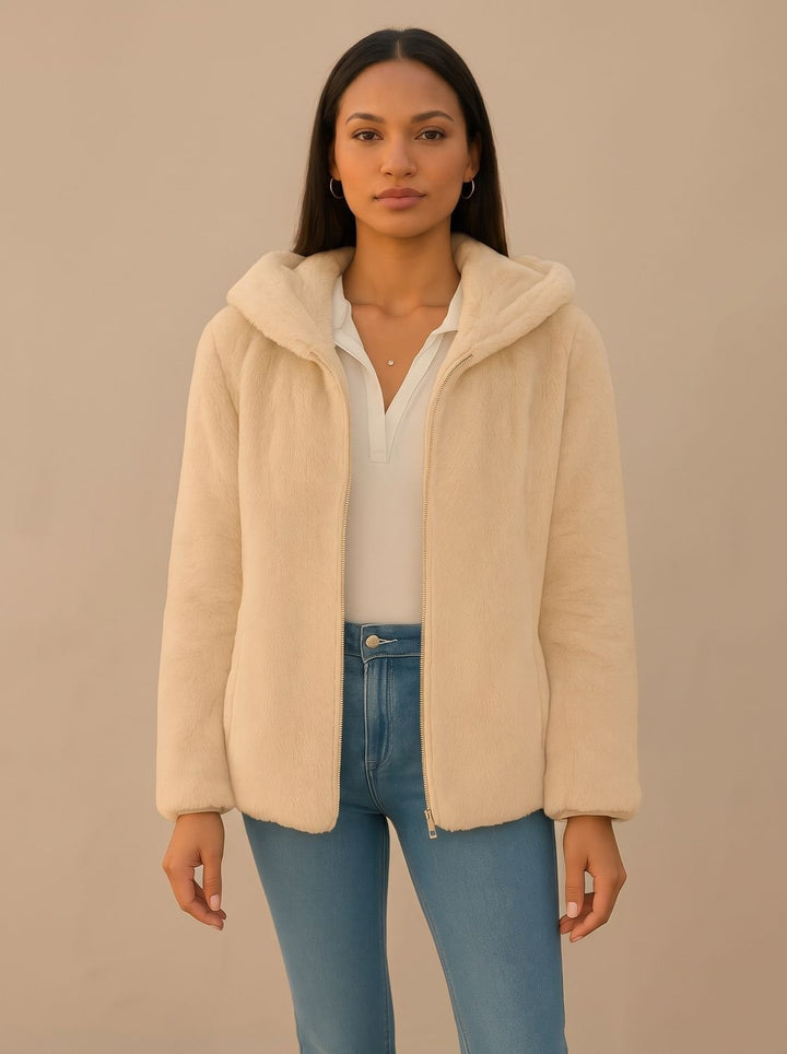 Women's Hooded Faux Fur Coat Zip-Up Fluffy Teddy Jacket - Light Brown