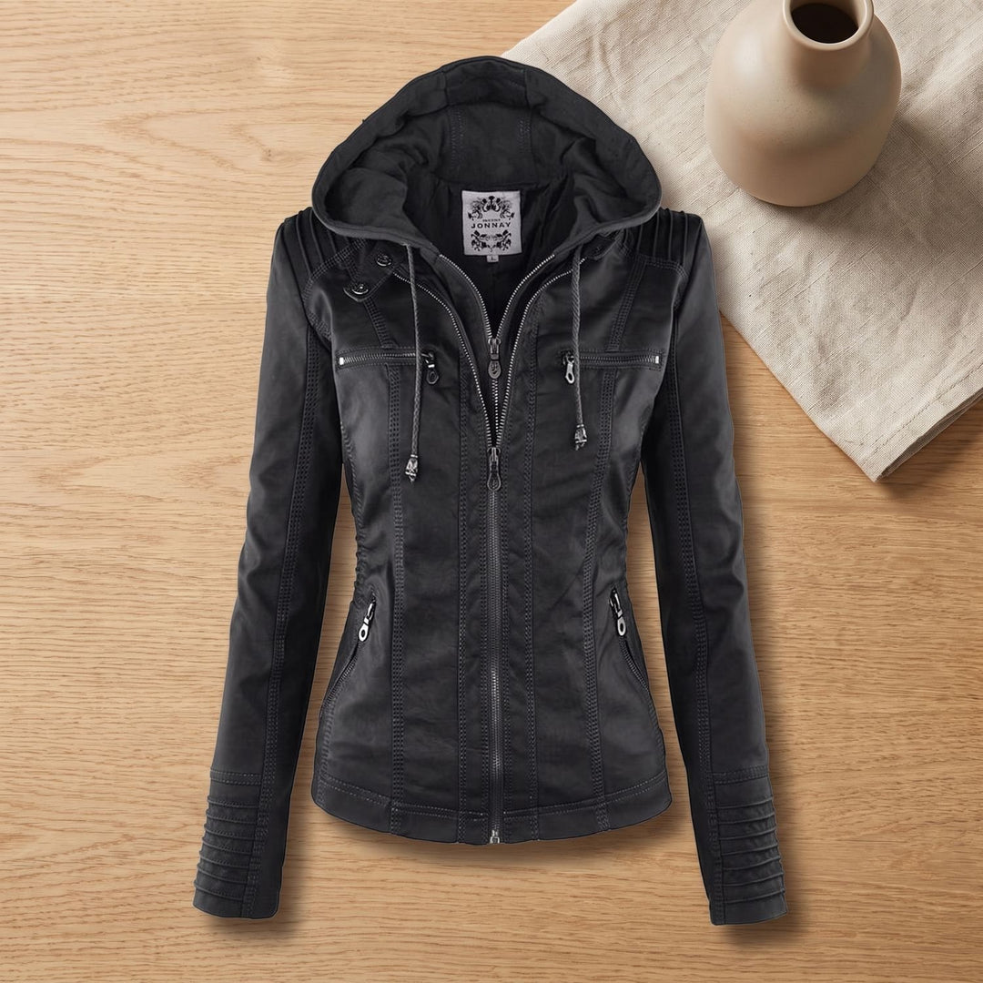 Women's Hooded Faux Leather Biker Jacket