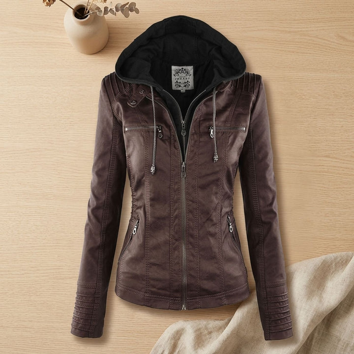 Women's Hooded Faux Leather Biker Jacket