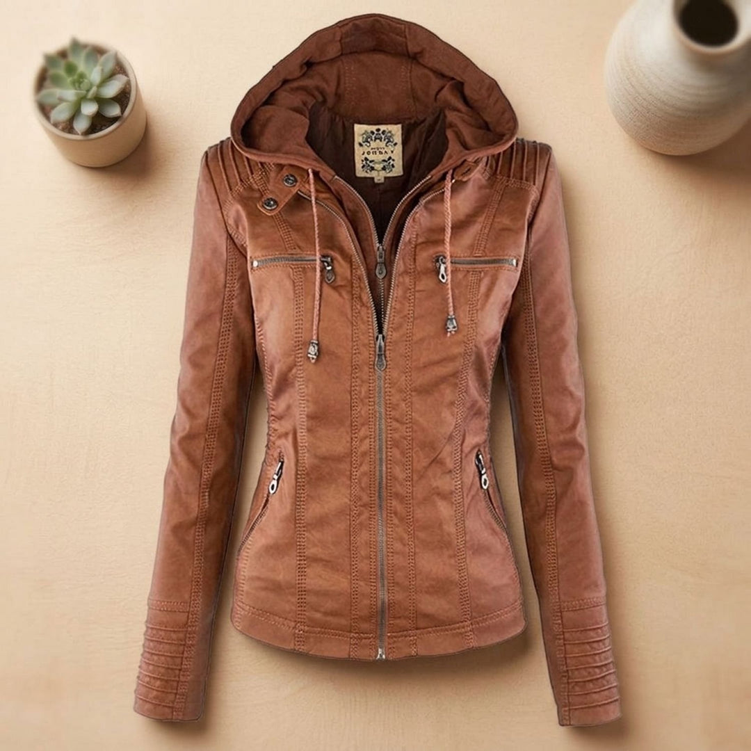 Women's Hooded Faux Leather Biker Jacket - Tan