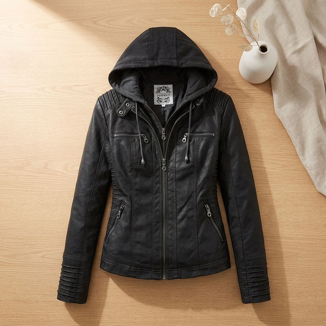 Women's Hooded Faux Leather Biker Jacket - Black