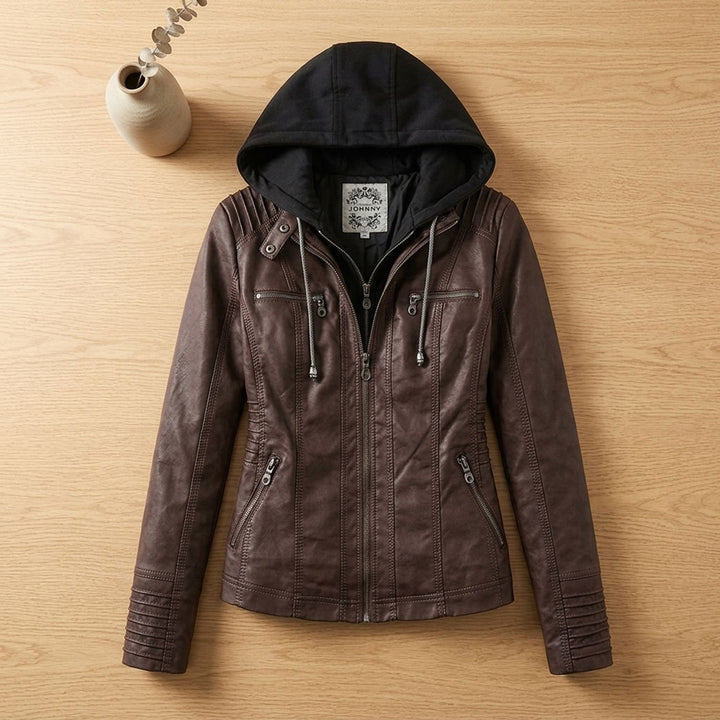 Women's Hooded Faux Leather Biker Jacket - Brown
