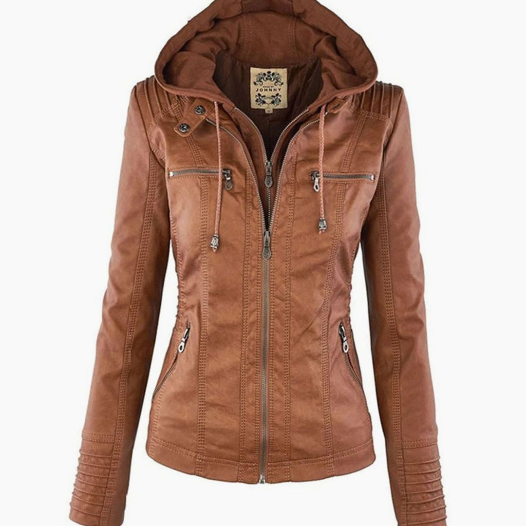 Women's Hooded Faux Leather Zip-Up Slim-Fit Biker Jacket - Khaki