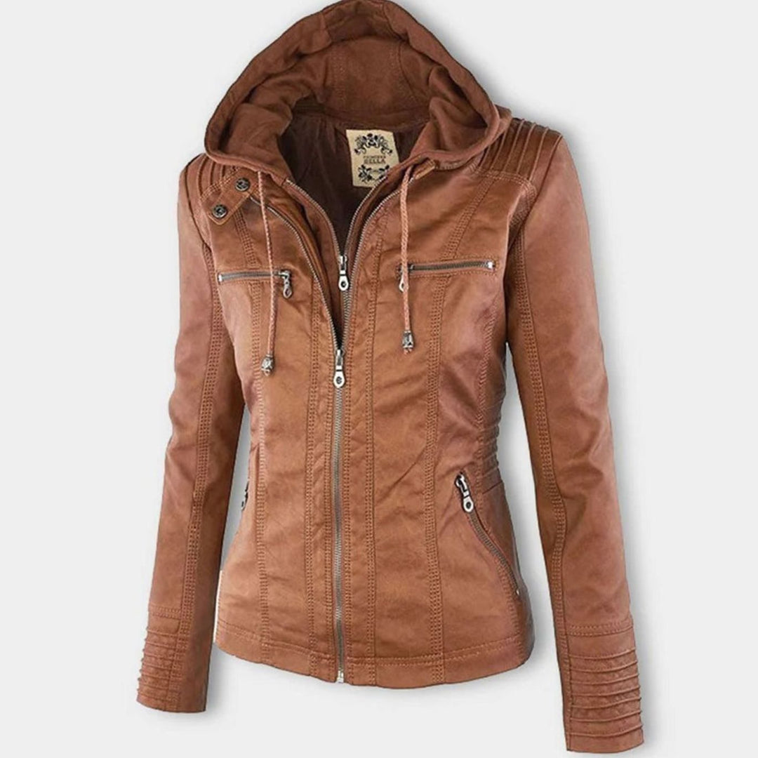 Women's Hooded Faux Leather Zip-Up Slim-Fit Biker Jacket
