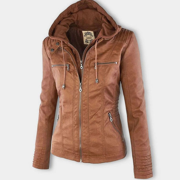 Women's Hooded Faux Leather Zip-Up Slim-Fit Biker Jacket
