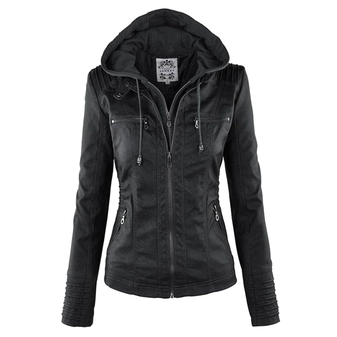 Women's Hooded Faux Leather Zip-Up Slim-Fit Biker Jacket - Black