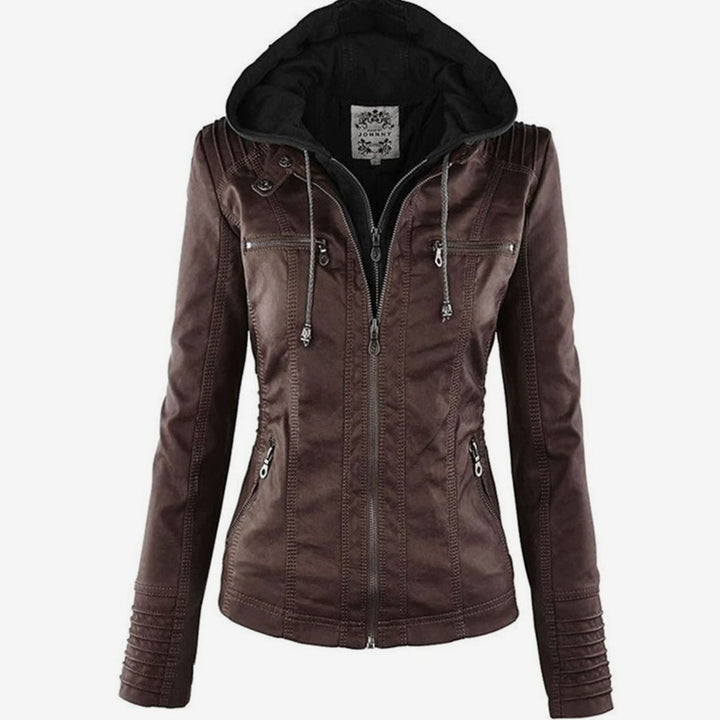 Women's Hooded Faux Leather Zip-Up Slim-Fit Biker Jacket - Brown