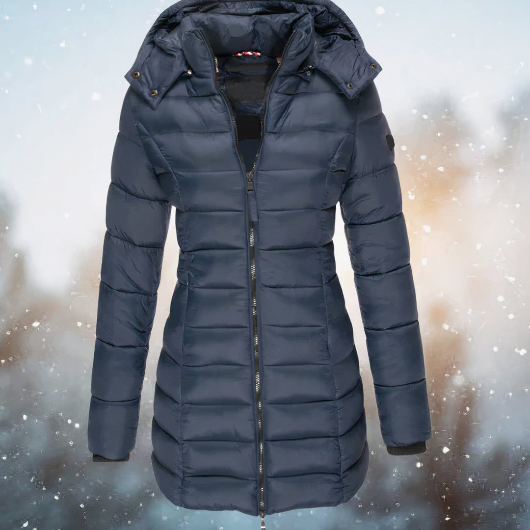 Women's Hooded Fitted Quilted Jacket Long Puffer Coat - Navy