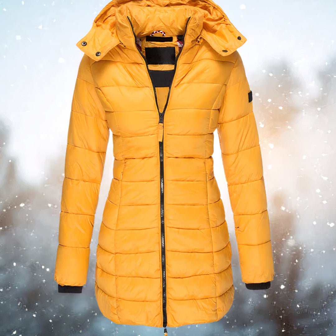 Women's Hooded Fitted Quilted Jacket Long Puffer Coat - Yellow