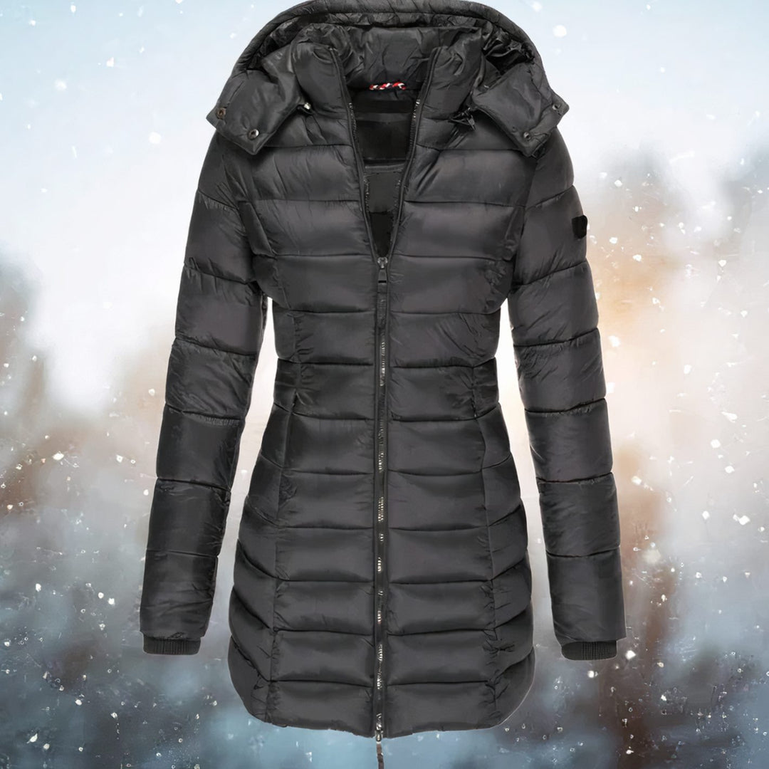 Women's Hooded Fitted Quilted Jacket Long Puffer Coat - Black