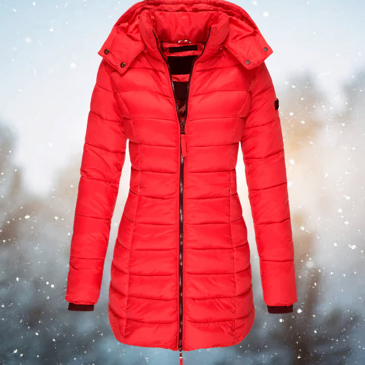 Women's Hooded Fitted Quilted Jacket Long Puffer Coat - Red