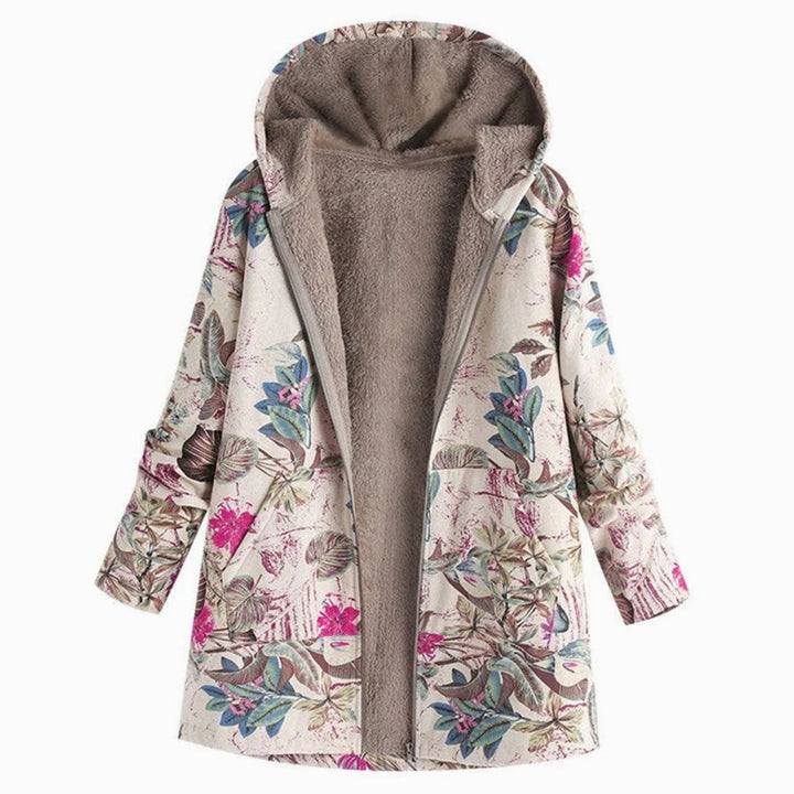 Women's Hooded Fleece-Lined Floral Coat Long Winter Jacket - White