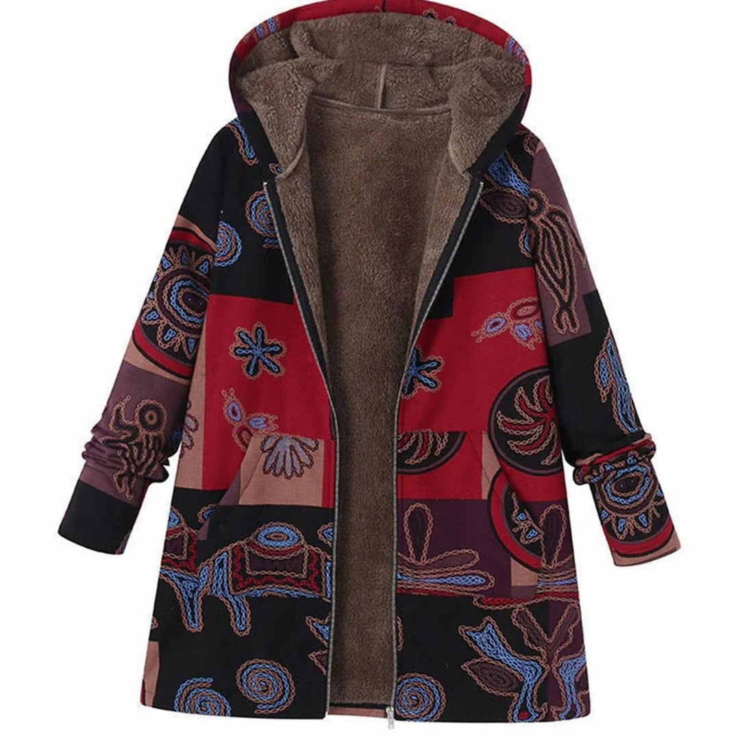 Women's Hooded Fleece-Lined Floral Coat Long Winter Jacket - Brown