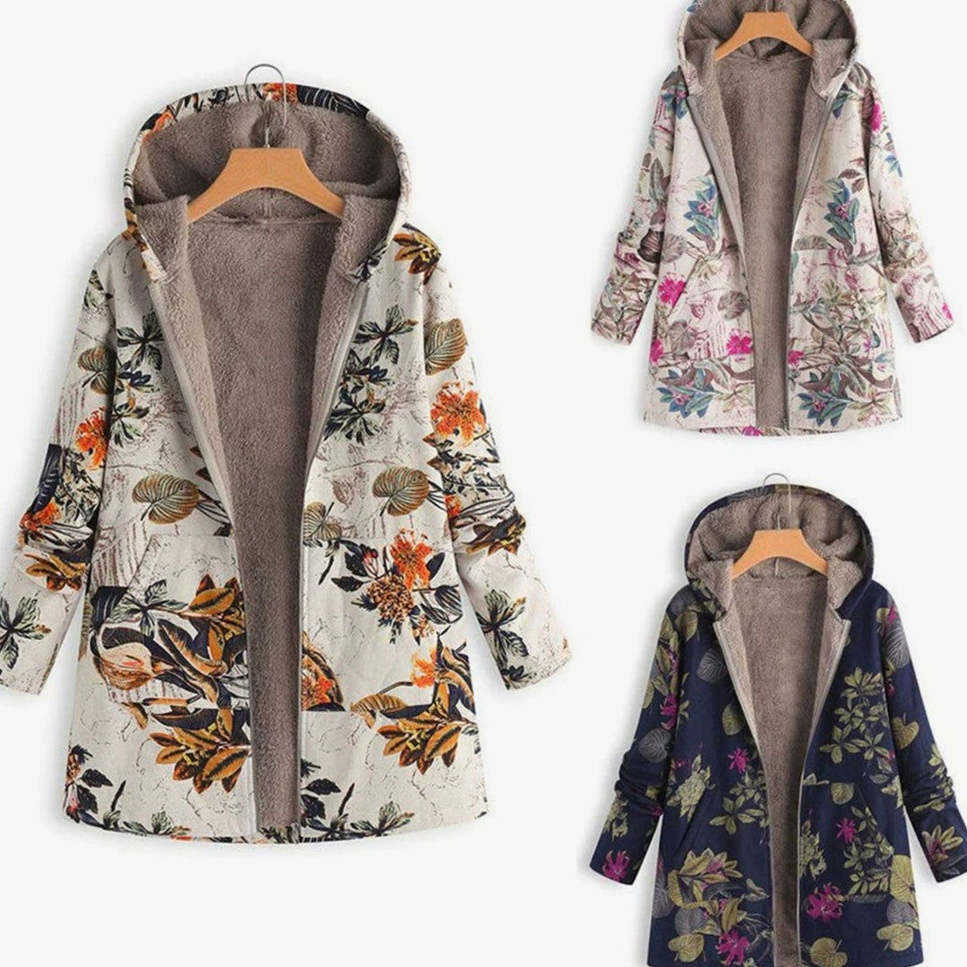 Women's Hooded Fleece-Lined Floral Coat Long Winter Jacket