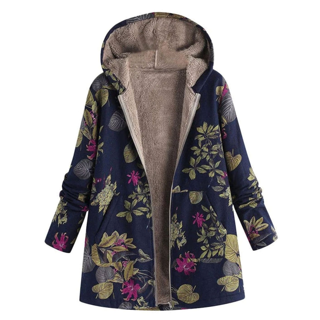 Women's Hooded Fleece-Lined Floral Coat Long Winter Jacket - Blue