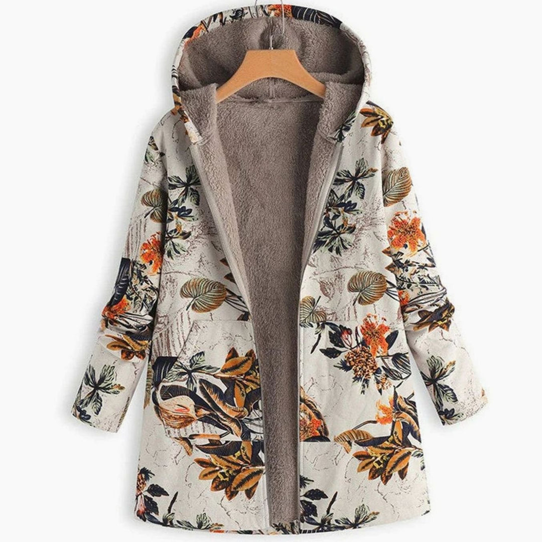 Women's Hooded Fleece-Lined Floral Coat Long Winter Jacket - Beige