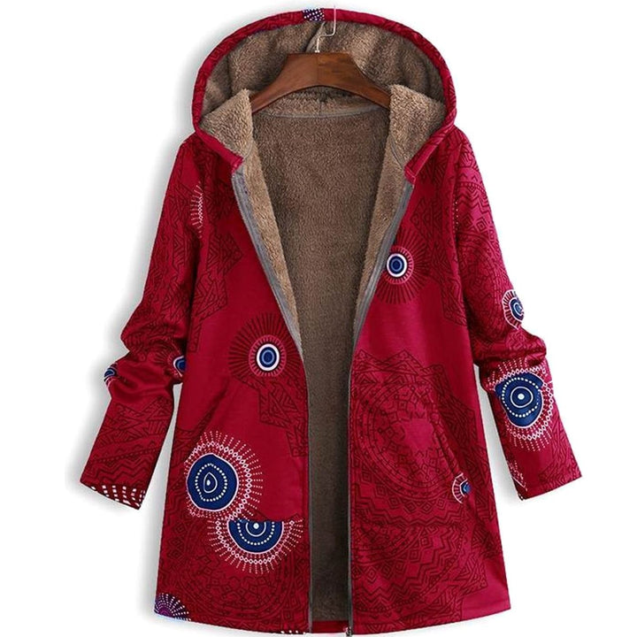Women's Hooded Fleece-Lined Floral Coat Long Winter Jacket - Red