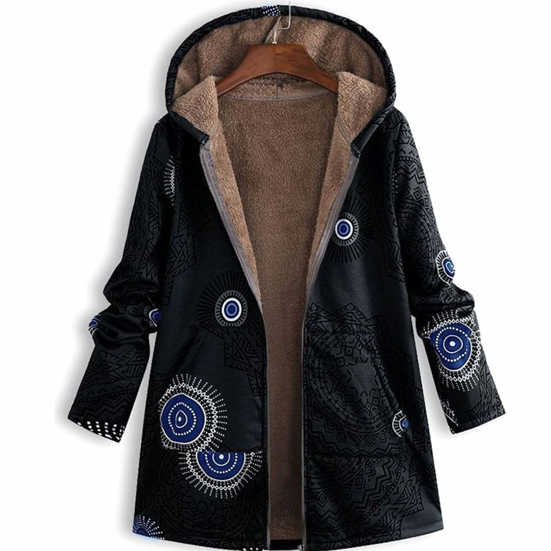 Women's Hooded Fleece-Lined Floral Coat Long Winter Jacket - Black