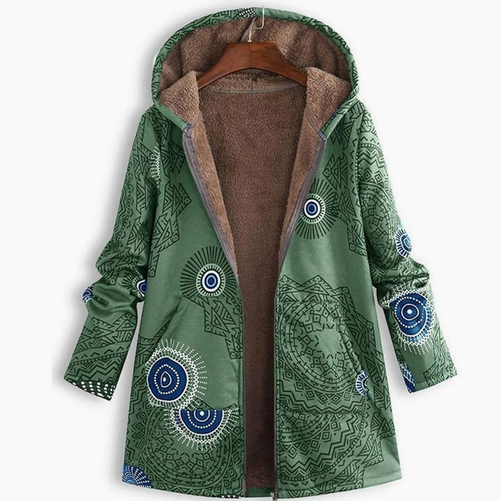 Women's Hooded Fleece-Lined Floral Coat Long Winter Jacket - Green