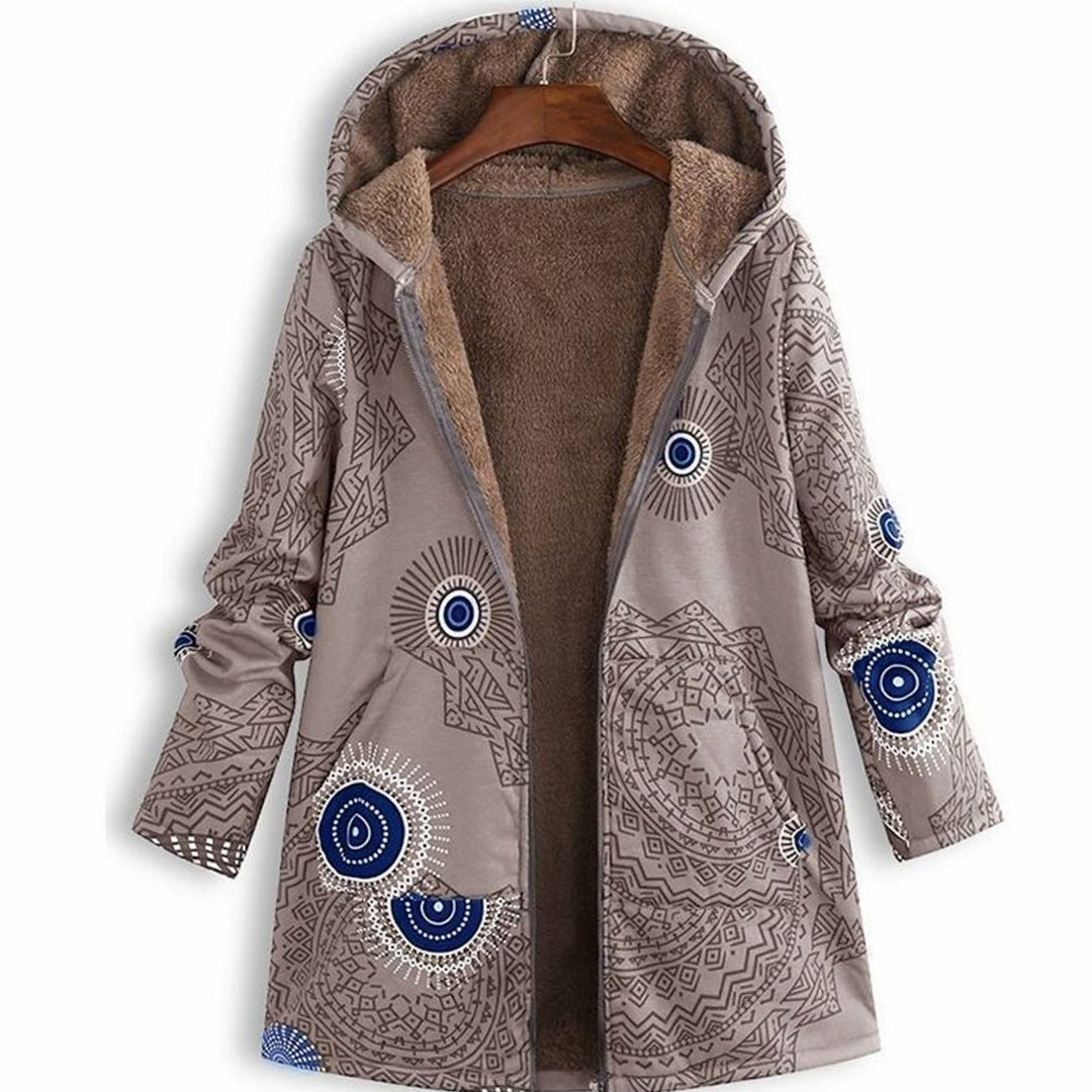 Women's Hooded Fleece-Lined Floral Coat Long Winter Jacket - Grey