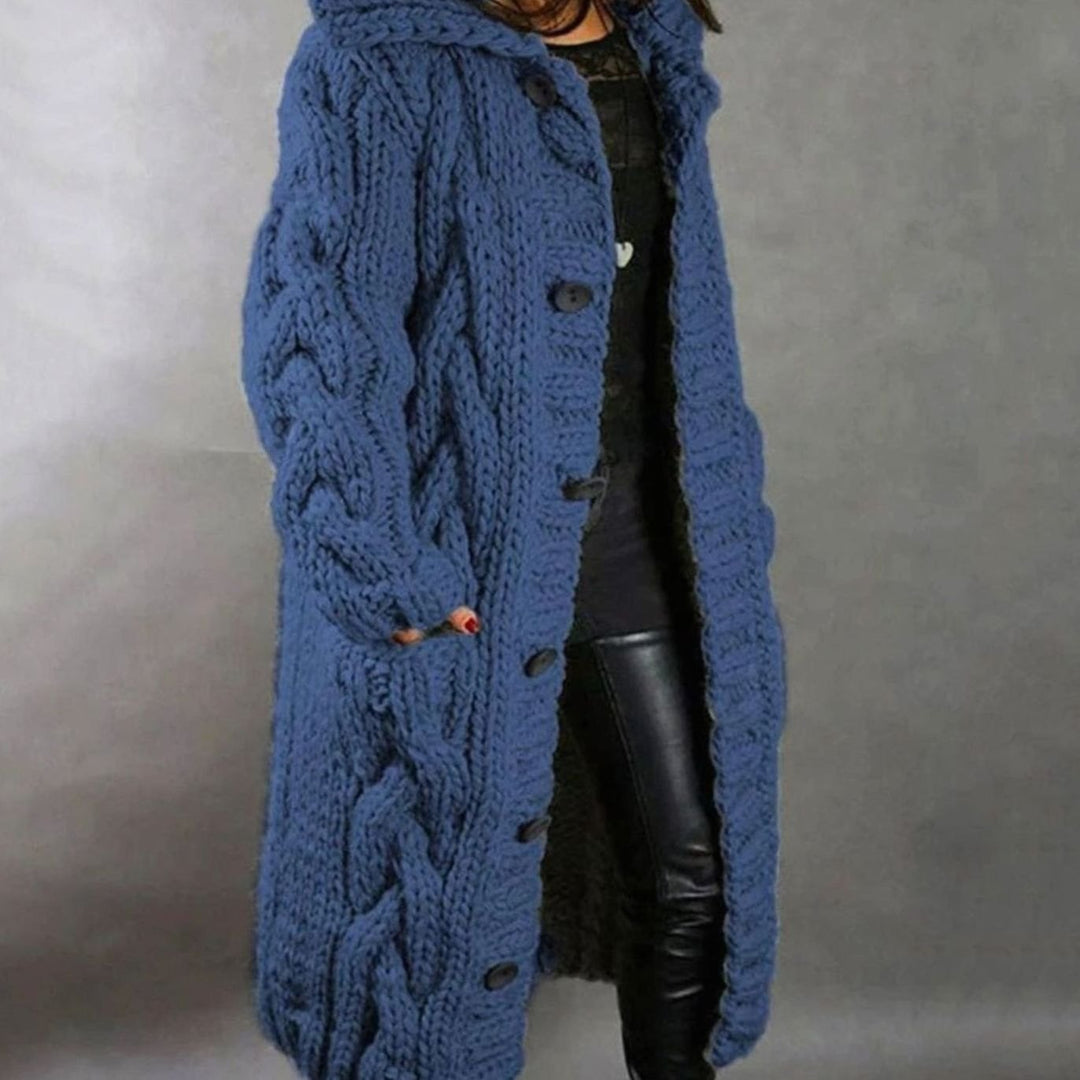 Women's Hooded Long Cable Knit Cardigan Button-Front Sweater Coat - Blue