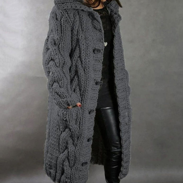 Women's Hooded Long Cable Knit Cardigan Button-Front Sweater Coat - Dark Grey