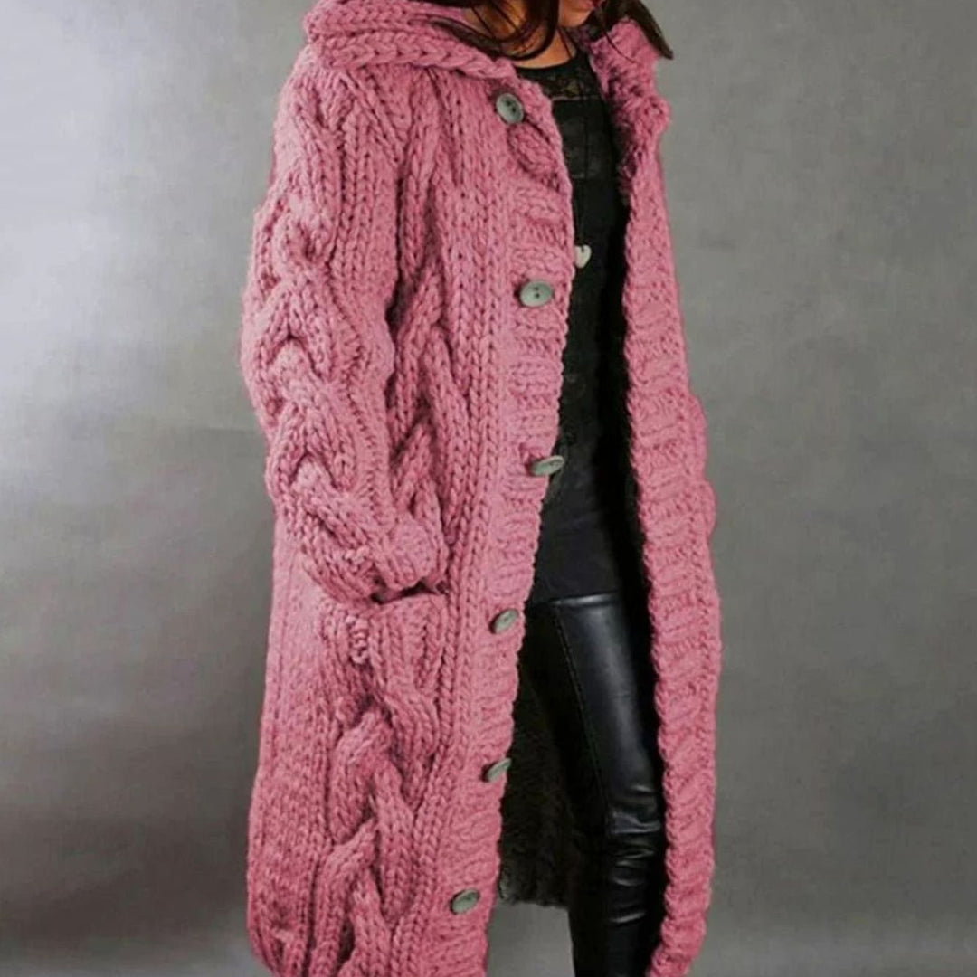 Women's Hooded Long Cable Knit Cardigan Button-Front Sweater Coat - Pink