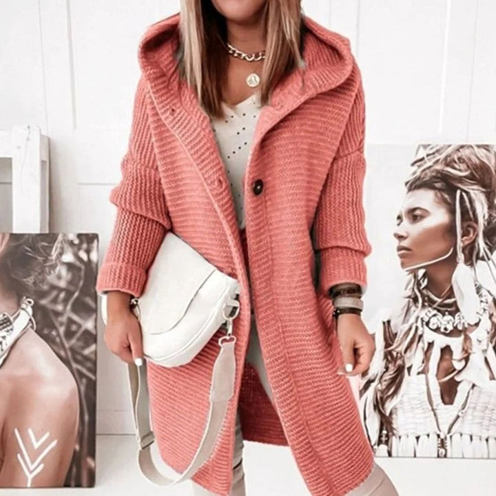 Women's Hooded Open-Front Long Knit Winter Cardigan - Salmon Pink