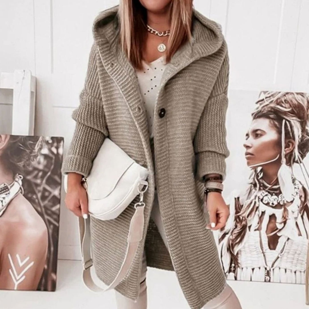 Women's Hooded Open-Front Long Knit Winter Cardigan - Khaki