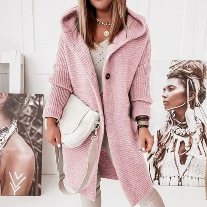 Women's Hooded Open-Front Long Knit Winter Cardigan - Pink