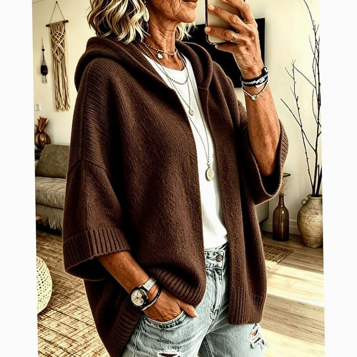 Women's Hooded Open-Front Relaxed Knit Cardigan - Coffee