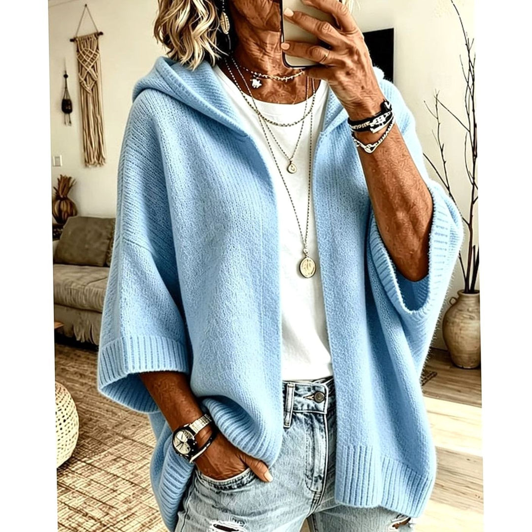 Women's Hooded Open-Front Relaxed Knit Cardigan - Sky Blue