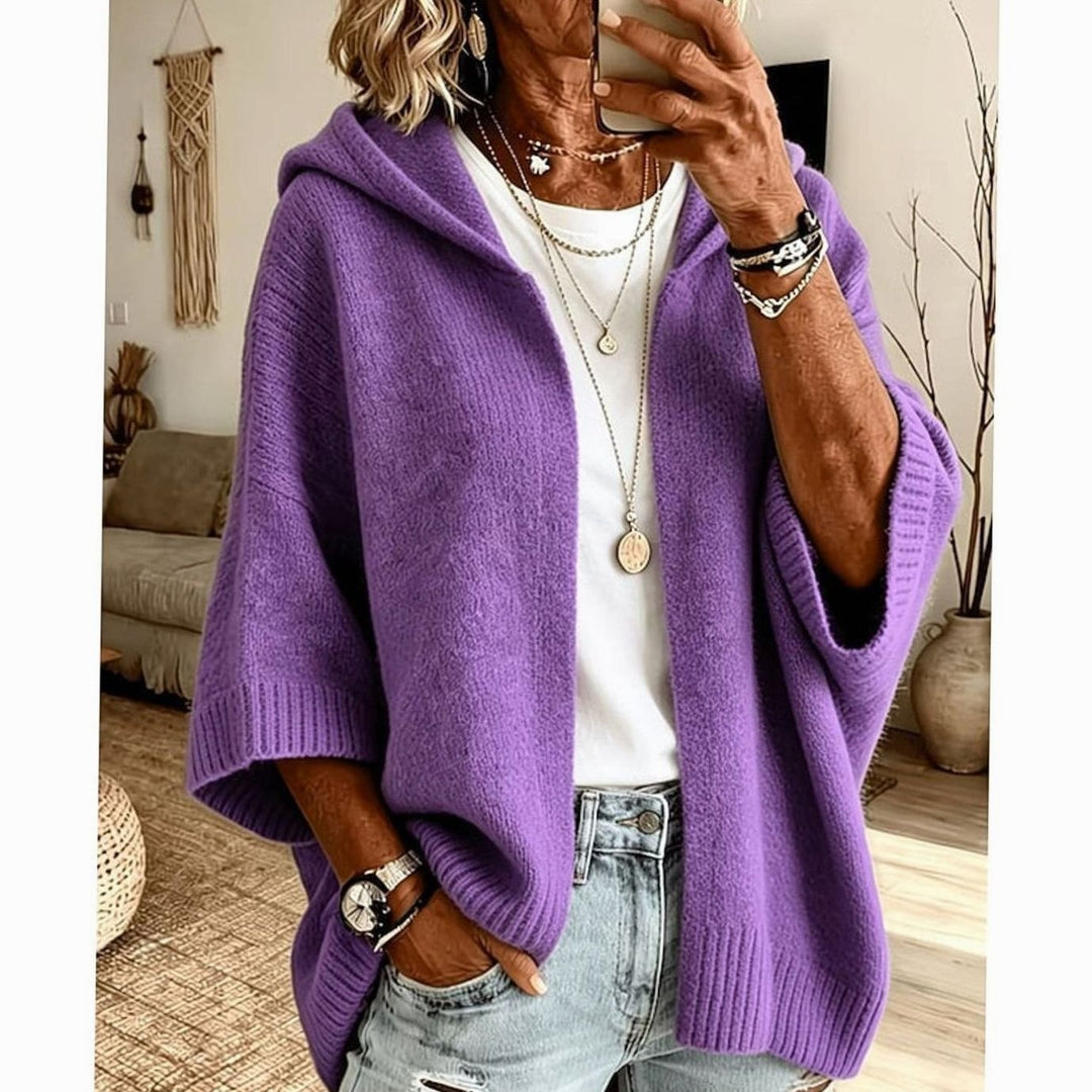 Women's Hooded Open-Front Relaxed Knit Cardigan - Purple
