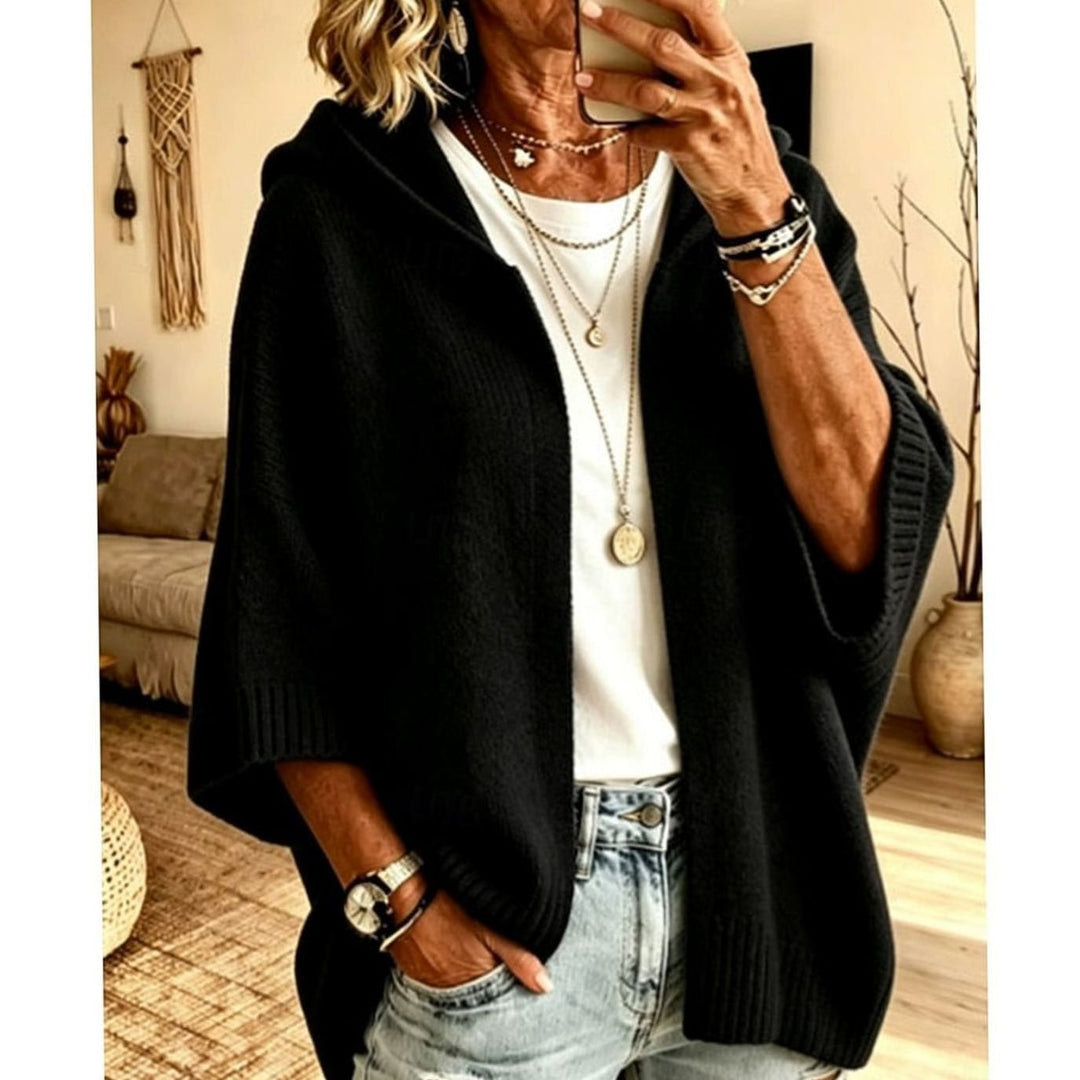 Women's Hooded Open-Front Relaxed Knit Cardigan - Black