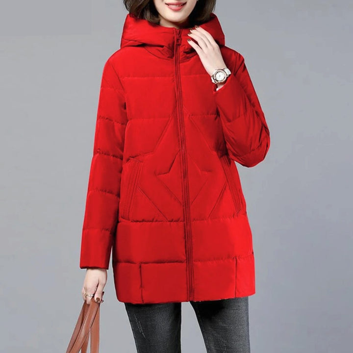 Women's Hooded Padded Zip-Up Winter Jacket - Red