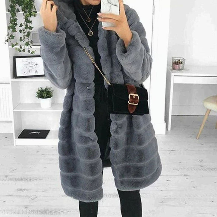 Women's Hooded Plush Faux Fur Coat Long Sleeve Button-Down